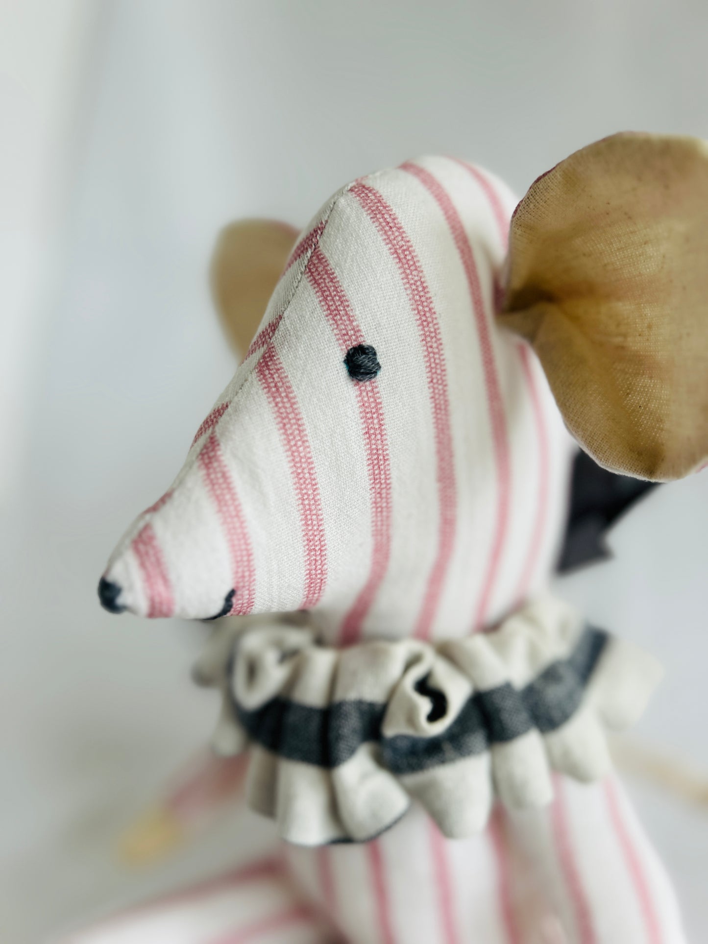 Handmade Mabel Mouse Soft Toy - Red & Cream Stripe With Ruffle Collar