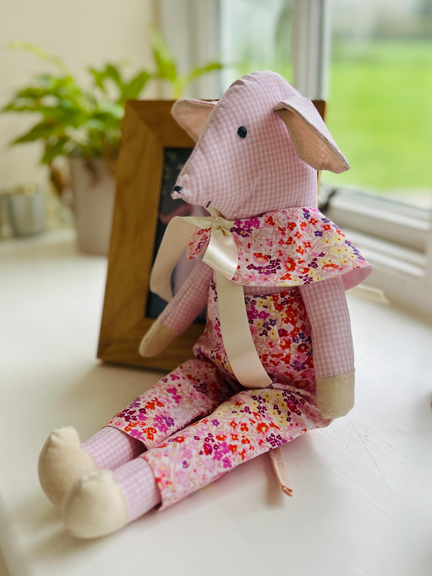 Handmade Mabel Mouse Soft Toy - Pink & White Check With Floral Outfit