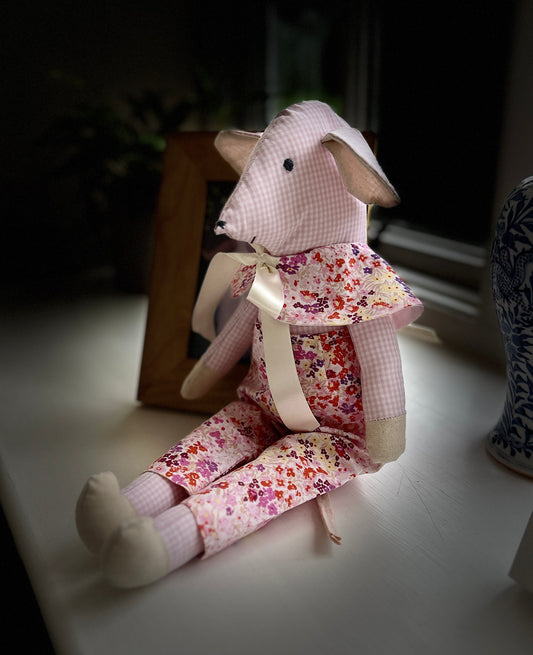 Handmade Mabel Mouse Soft Toy - Pink & White Check With Floral Outfit