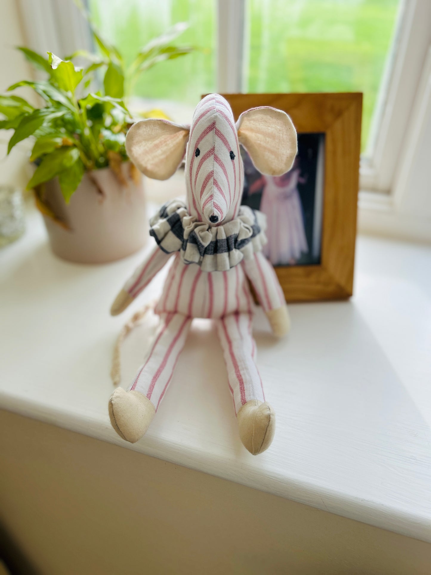 Handmade Mabel Mouse Soft Toy - Red & Cream Stripe With Ruffle Collar