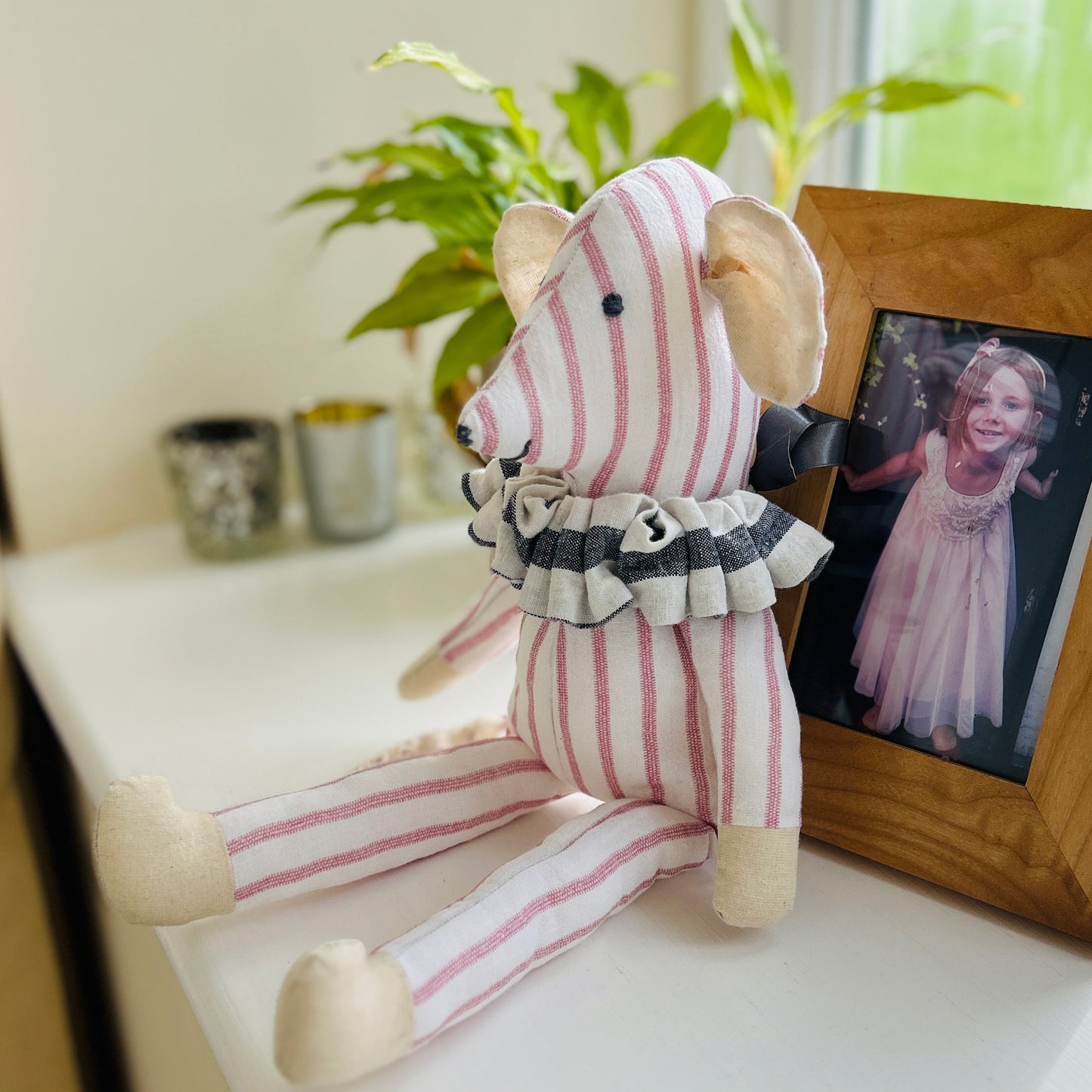 Handmade Mabel Mouse Soft Toy - Red & Cream Stripe With Ruffle Collar